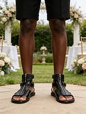 cheap Sandals-Men's Black Faux Leather Open-Toe Sandals, Buckle Strap Design, Comfortable Support, Casual Elegant Style for Beach Wedding Guests