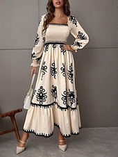 abordables Vestido Boho de Vacaciones-Mujer Vestido maxi Vestido de una línea Vestido de flores Elegante Moda Moderno Exterior Vacaciones Fiesta Ajuste regular Floral Manga Larga Escote Cuadrado Negro Burdeos Marrón Albaricoque Primavera