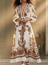 voordelige Vakantie Boho Jurk-Dames Maxi-jurk Casual jurk Bloemetjesjurk Elegant Modieus Modern Buiten Vakantie Uitgaan Normale pasvorm Bloemig Effen Lange mouw V-hals Wit Zomer Lente
