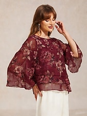 abordables Blouses Florales-Femmes Chemisier Hauts en mousseline de soie À lacets Fleuri Élégant Manche 3/4 Manche cloche Col ras du cou Hauts Réguliers Quotidien robe demoiselle d honneur Fête Vin Été Printemps Automne