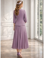 cheap Mom's Dress Sets-Two Piece A-Line Tea Length Wedding Guest Dress Mother of the Bride Dress 3/4 Length Sleeve Jewel Neck Elegant Wedding Guest Engagement Party Chiffon with Beading