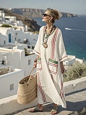  Naisten Maxi Mekko Pellavamaista Hengittävää Kevyet Aurinkomekko A-linjainen Mekko Lomamatka Vapaa-ajan Boho Ranta Ulkoiluksi Kukka Graafinen Geometrinen Pitkä Hiha V Kaula Blue Punainen Taivaan