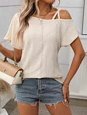 economico T-shirt semplice-Per donna Maglietta Semplice Moda Elegante Classico Manica Corta Senza Spalle Top Regolari Quotidiano Uscire Weekend Blu Nero Bianco Rosa Albicocca Estate Primavera