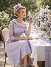 voordelige Enkel Lengte-Strak kolom Over de knie Feestjurk Cocktail jurk Bruiloft gast jurk Moeder van de bruid jurk 3/4 mouw Ronde hals Feest Zoet Bruiloft gast Semi formeel Chiffon Kant met Plooien Kralen