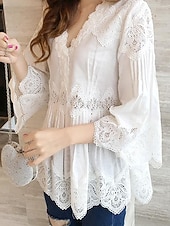 preiswerte Spitzenoberteile-Damen Bluse Elegante Oberteile Spitzentops Gerafft Spitze Rüsche Einfach Elegant Damen Klassisch Langarm V Ausschnitt Lange Oberteile Täglich Arbeit Ferien Weiß Sommer Frühling