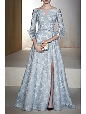  A-linje Gulvlengde Kveldskjoler Ballkjole Formell kjole Elegant Blomster Høy splittelse Langermet V-hals Bryllup Formell Lomme Jacquard Cowlhals med Blomstertrykk Lomme