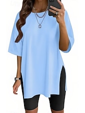 voordelige Effen t-shirt-Dames T-shirt Zijsplit Effen Kleur Grafisch Modieus Klassiek Casual Korte mouw Strakke ronde hals Ronde hals Lange tops Dagelijks Uitgaan blauw Zwart Wit Lichtgroen Blozend Roze Zomer Lente