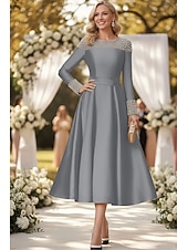 economico Lunghezza alla caviglia-Linea ad A Lunghezza alla caviglia Vestito da Festa Abito da Cocktail Abito da invitata a nozze Abito da cerimonia per signora Manica Lunga Senza Spalle Elegante Formale Raso con Perle