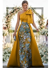 economico Lunghezza del pavimento-Linea ad A Tubino Colonna Lunghezza al pavimento Perline ricamate Abito da invitata a nozze Abito Formale Abito da cerimonia per signora Senza Maniche Monospalla Elegante Vintage Lussuoso Formale Raso