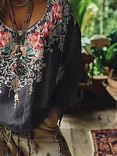 economico Tops Boho-Per donna Camicia Camicia Boho Blusa Stampato Floreale Grafico Bohemien Elegante Classico Manica Lunga Scollo a V Top Regolari Quotidiano Ferie Uscire Grigio scuro Estate Primavera Autunno