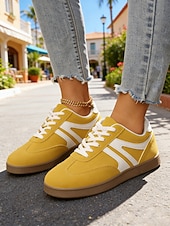 economico Donne-sneakers basse gialle retrò da donna - scarpe casual vintage con lacci, comode da indossare tutti i giorni per lo stile street &amp; outdoor