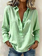 billige Enkle bluser-Dame Popover skjorte Sommerskjorte Uformell skjorte Bluse Knapper Helfarge Mote Fritid Langermet Aftæpning Vanlige topper Daglig Strand Ferie Blå Hvit Gul Rosa Grønn Vår Høst