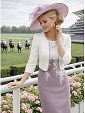 abordables Ensembles de robes pour maman-Deux Pièces Fourreau Colonne Ensembles de Robes Mi-long Robe d'invité de mariage Robe de Mère de Mariée  Manche 3/4 Bijoux Élégant robe demoiselle d honneur Église Chiffon Satin Dentelle Robes avec