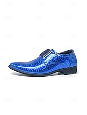 cheap Derby Shoes-Men's Blue Patent Leather Crocodile Print Slip-on Shoes - Elegant Formal Footwear for Business and Evening Gatherings and Weddings
