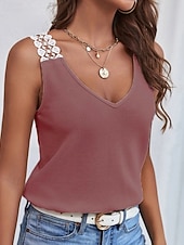 ieftine Rezervor simplu-Pentru femei Tricou Bluză Tee Top Dantelă Culoare solidă Grafic Simplu Modă Clasic Casual Fără manșon În V Topuri obișnuite Zilnic Ieșire Sfârșit de săptămână Negru Roz Îmbujorat Roșu-aprins Kaki Gri
