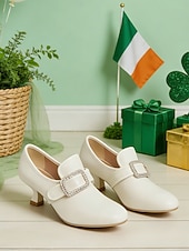  Women's Forest Green Leather Pumps with Rhinestone Square Buckle – Festive Leprechaun Style Low Heels for St. Patrick's Day Parties, Holiday Parades & Vintage Enthusiasts