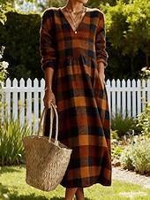 رخيصةأون فساتين مخططة وهندسية-نسائي فستان طويل شيرت دريس لباس غير رسمي موضة أساسي الحديث مناسب للبس اليومي الأماكن المفتوحة شاطئ عادي منقوش 3/4 الكم V رقبة برتقالي الصيف الربيع الخريف