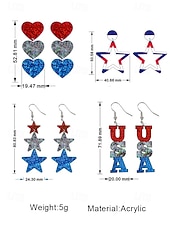  Boucles d'oreilles pendantes et créoles pour femmes du 250e anniversaire des États-Unis en acrylique vintage actif avec étoile pentagramme quotidienne