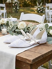 olcso Nők-női elefántcsont csipke gyöngypántos alacsony sarkú menyasszonyi cipők, elegáns kényelmes lapos talpú cipők menyasszonynak, kültéri kerti esküvőre