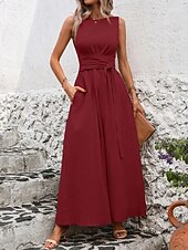 tanie Biała sukienka-Damskie Sukienka maxi Sukienka A line Urlop Codzienny Na zewnątrz Wyjściowe Luźny / a Jednokolorowe Bez rękawów Wycięcie pod szyją Granatowy Czarny Czerwony Zielony Lato Wiosna