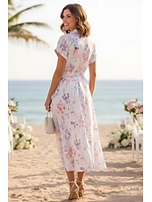 cheap Semi-formal / Cocktail-A-Line Ankle Length Tea Length Wedding Guest Dress Wedding Guest Dresses Elegant Daily Short Sleeve High Neck Garden Party Wedding Cowl Back with Floral Print Print