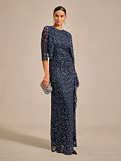  Women's Maxi Dress Sheath Dress Elegant Evening Party Wedding Guest Sequins Ruffle Glitter Regular Fit Solid Color Sleeveless Crew Neck Navy Blue