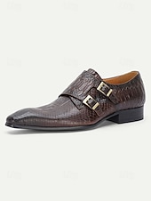 cheap Monk Shoes-Men's Brown Crocodile Print Monk Strap Shoes – Premium Leather with Stylish Buckle Design, Perfect for Weddings, Formal Events and Office Wear