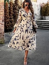 economico Abiti floreali-Per donna Abito Midi Abito a trapezio Vacanza Casual All'aperto Uscire Vestibilità regolare Floreale Manica Lunga Scollo a V Blu Verde Albicocca Estate Primavera Autunno