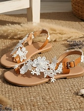 tanie Panna młoda-damskie białe koronkowe sandały ślubne z kwiatowym wzorem – ręcznie robione płaskie sandały ślubne na plażę i wesela w stylu boho