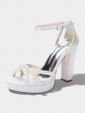 cheap Bride-Women's Ivory Platform Chunky Block Heel Sandals, Pearl-Embellished Ankle Strap Bridal Shoes for Church Weddings