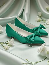 preiswerte Brautjungfer-Grüne Brautjungfern-Ballerinas für Damen – elegante, spitz zulaufende Satin-Hochzeitsschuhe mit Schleifendetail, flache Schuhe mit niedrigem Absatz für die Brautgesellschaft
