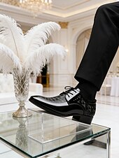 ieftine Pantofi derby-Pantofi Oxford bărbătești din piele lăcuită, alb-negru, cu model geometric - pantofi eleganți clasici pentru ocazii formale și nunți