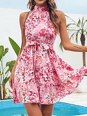 billiga Casual blommiga klänningar-Dam Mini klänning A linjeklänning Blommig klänning Halter Neck Klänning Elegant Mode Modern Utomhus Semester Utekväll Normal Blommig Ärmlös Halterneck Blå Gul Rodnande Rosa Sommar Vår