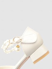 abordables Enfants &amp; Fille de Fleurs-Chaussures de demoiselle d'honneur pour enfant, couleur ivoire, ornées de perles et de strass, avec bride cheville et petit talon rembourré. Élégantes chaussures de princesse, parfaites pour les