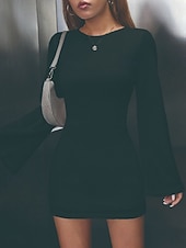 Χαμηλού Κόστους Φορέματα Αποφοίτησης-Γυναικεία Μίνι φόρεμα Λευκό φόρεμα Φόρεμα αποφοίτησης Φόρεμα Bodycon Κομψό Μοντέρνα Μανίκι Flare Cuff ΕΞΩΤΕΡΙΚΟΥ ΧΩΡΟΥ Διακοπές Εξόδου Κανονικό Σκέτο Μακρυμάνικο Στρογγυλή Ψηλή Λαιμόκοψη Μαύρο Λευκό