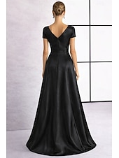billiga A-linje kvällsklänningar-A-linje Golvlång Kvälls klänningar Elegant Den lilla svarta Hög split Kortärmad V-hals Bröllop Formell Ficka Satäng Djupt ringad rygg med Broderad blomma Veckad