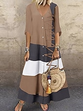 economico Abito a Strisce e Geometrico-abito lungo da donna color block scollo a V mezze maniche estate