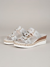 cheap Women-Women's Silver Glitter Cutout Wedge Sandals with Espadrille Trim – Stylish Metallic Slides for Outdoor Resorts, Summer Vacation and Travel