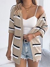 billiga Enkla blusar-Dam Skjorta Blus Stickad Randig Stylish Klassisk Modern Halvlång ärm V-hals Vanliga toppar Dagligen Helgdag Utekväll Vin Brun Kaki Sommar Vår