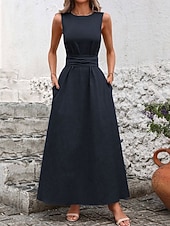 tanie Biała sukienka-Damskie Sukienka maxi Sukienka A line Urlop Codzienny Na zewnątrz Wyjściowe Luźny / a Jednokolorowe Bez rękawów Wycięcie pod szyją Granatowy Czarny Czerwony Zielony Lato Wiosna