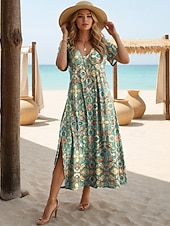 preiswerte Kunst &amp; Design Kleider-Damen Midikleid A Linie Kleid Lässig Täglich Normale Passform Blumen Abstrakt Kurzarm V Ausschnitt Schwarz Weiß Leicht Braun Orange Sommer Frühling