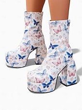 baratos Sapatos femininos-Botas de Tornozelo Plataforma Brancas com Estampa de Borboleta Femininas de Mardi Gras Sapatos Vintage de Salto Chunky para o Festival de Carnaval de Veneza