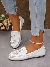 cheap Women's Slip-Ons &amp; Loafers-Women's White Tassel Moccasins Loafers – Soft Faux Leather Slip-On Shoes for Work, Weekend Wear, Travel &amp; Smart Casual Looks