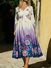  Per donna Abito Midi Vestito Casual Moda Quotidiano All'aperto Vacanza Vestibilità regolare Floreale Manica Lunga Scollo a V Viola Estate Primavera Autunno