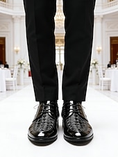 Недорогие Дерби туфли-Мужские черные лакированные туфли из искусственной кожи, глянцевый верх, шнуровка, элегантный стиль для свадеб, приемов и вечерних мероприятий.