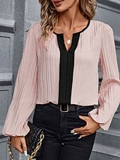 economico Bluse Eleganti-Per donna Camicia Blusa Patchwork Blocco di colori Vintage Elegante Moderno Manica Lunga Scollo a V Top Regolari Quotidiano Ferie Uscire Blu Rosa Arancione Albicocca Primavera Autunno
