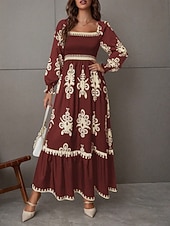 abordables Vestido Boho de Vacaciones-Mujer Vestido maxi Vestido de una línea Vestido de flores Elegante Moda Moderno Exterior Vacaciones Fiesta Ajuste regular Floral Manga Larga Escote Cuadrado Negro Burdeos Marrón Albaricoque Primavera