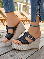 tanie Sandały na koturnie-damskie białe sandały na koturnie z paskiem ze sprzączką – stylowe i wygodne obuwie na lato, plażę i imprezy przy basenie