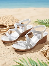 billiga Kvinnor-damsandaler med silverfärgad metallic kil – bekväma espadriller med remmar och platå för sommarsemester på stranden &amp;utomhuskläder för resorter
