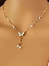 olcso Női nyaklánc-Női ötvözet műgyöngyös pillangós nyaklánc, finom Y-láncos kialakítás, arany és ezüst árnyalatok, elegáns minimalista stílus, tökéletes mindennapi viseletre, hétköznapi öltözékekhez és rétegezéshez